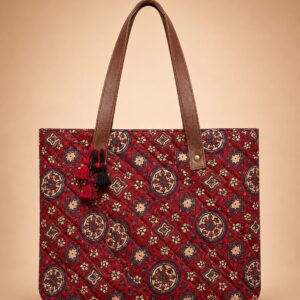 Women's Kutchi Handcrafted Mashru Silk Tote Bag with Leather Strap, Floral Print, Tassel Detail